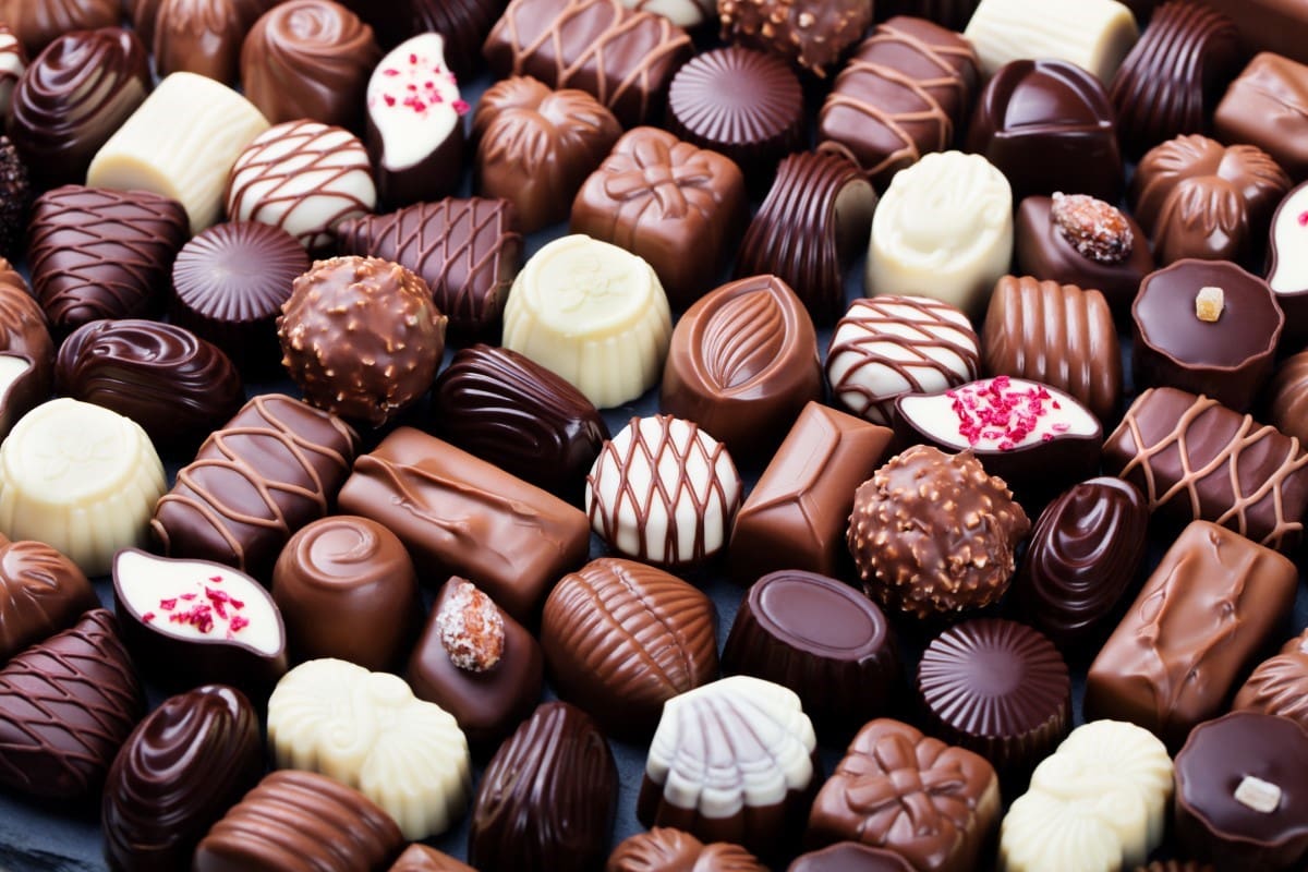The Small Box is an assortment of various shaped chocolate candies, featuring dark, milk, and white chocolates adorned with decorative patterns and toppings.