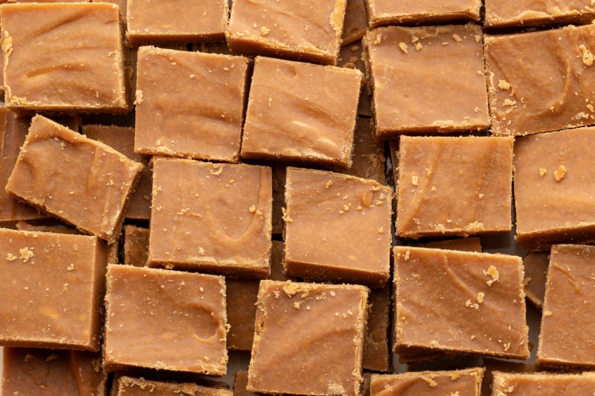 A 2 Pound Tray of Assorted Fudge with square pieces of brown fudge, featuring smooth tops and slightly crumbly edges, stacked closely together.
